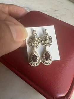 Vintage 925 Sterling Silver genuine garnet and Marcacite dangle stud earrings , butterfly backs, marked 925 TH M , beautiful !!