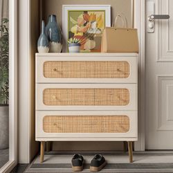 Wicker Rattan Chest of Drawers, 3-Drawer Dresser, White Finish Wooden Storage Cabinet