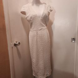 Dress The Population White Sequin Midi V-Neck Dress Sz Medium 