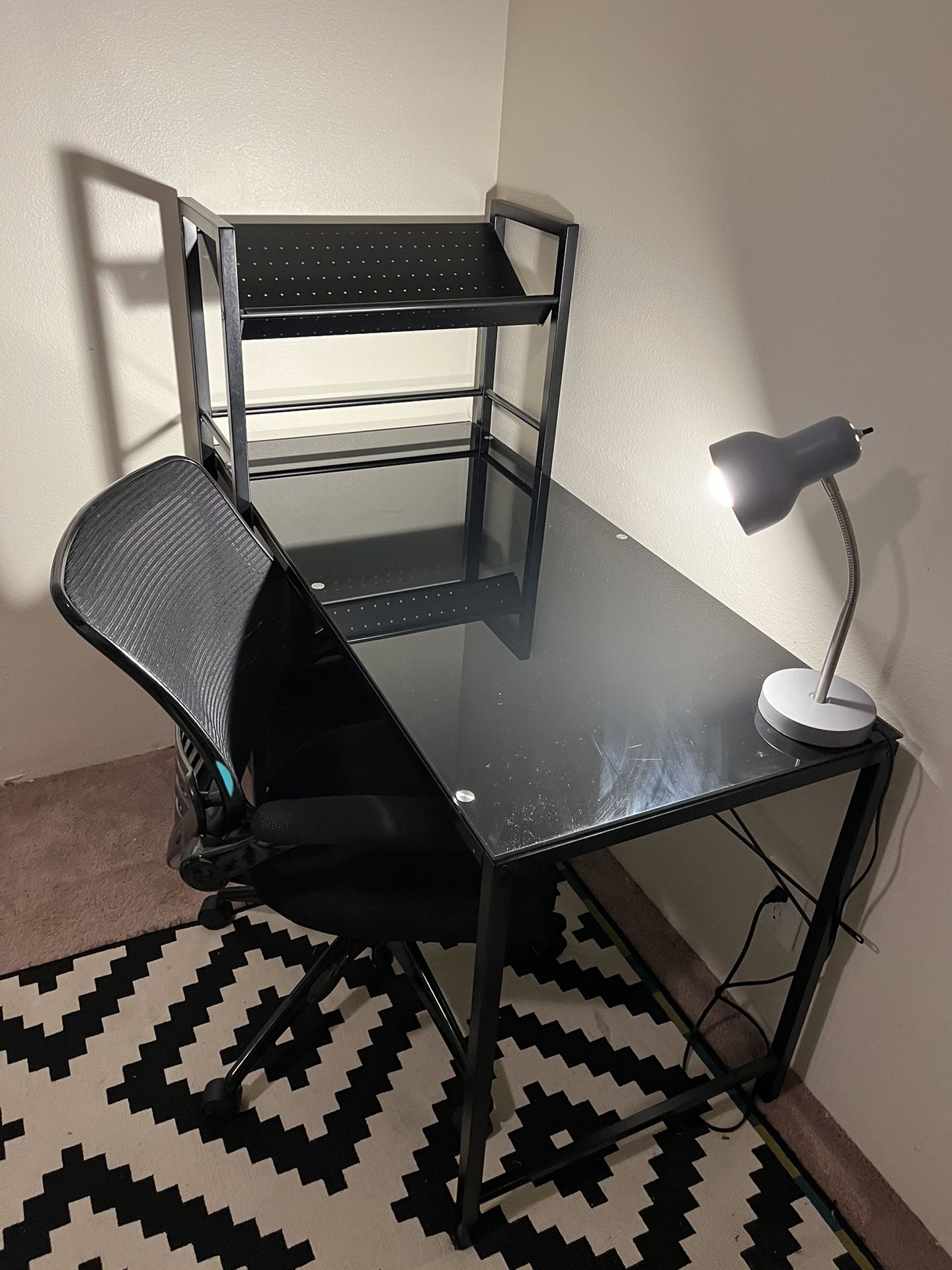Glass Topped Black Desk With Optional Chair, Lamp, And Organizer Rack