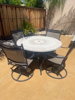 5 Piece Outdoor Patio Dining Set – Bronze/Tan Swivel Chairs + Stone Look Table