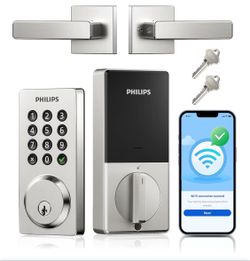 Philips WiFi Smart Door Lock with Handle – Satin Nickel  🔒 New Philips Smart Door Lock with built-in WiFi and handle set. Enjoy keyless entry and rem