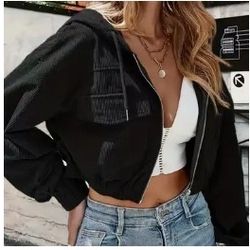 Black Zip Up Cropped Corduroy Hooded Jacket Size S

