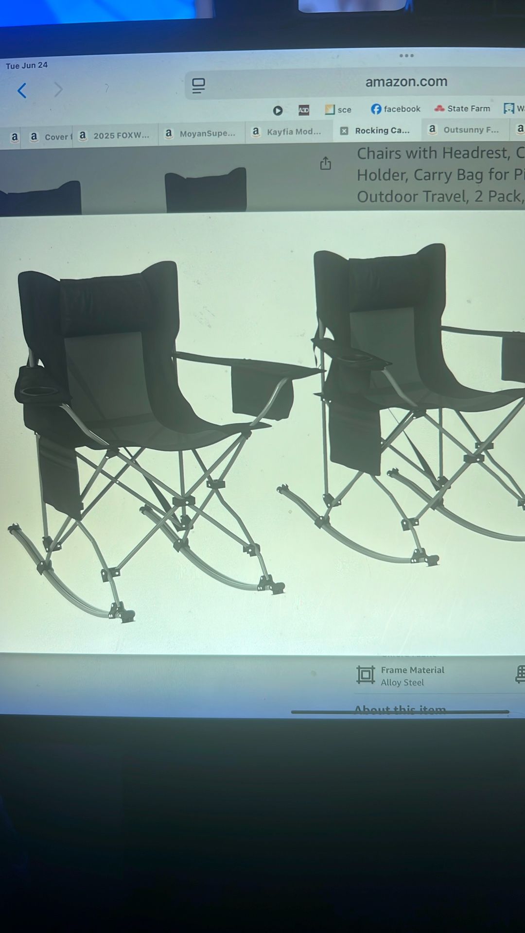 NEW Folding Rocking Camping Chairs. Portable Outdoor Rocking Chairs with Headrest, Cooler Bag, Cup Holder, Carry Bag for Picnic Outside & Outdoor Trav