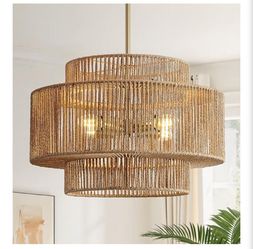 InterMaka 4-Light Boho Rattan Chandelier for Dining Room, 17.7” Hand Woven Farmhouse Pendant Light Fixture, Coastal Wicker Hanging Ceiling Light for K