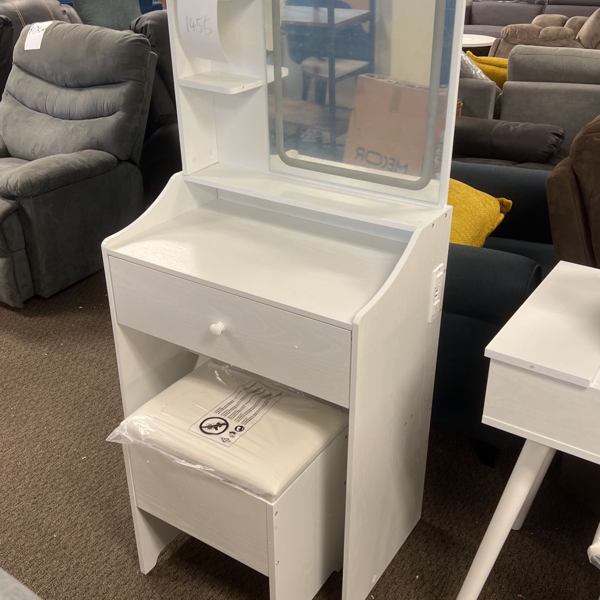 Small Makeup Vanity Desk with Mirror and Lights, Vanity Table Set with Storage Drawer & Chair & 3 Shelves, Bedroom, White