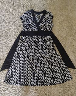 AB Studio Black White Geometric V-Neck Dress Women’s Size L