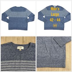 Men’s Goodfellow Large 42 - 44 Crew Sweater Stripes Blue White Long Sleeve NWOT