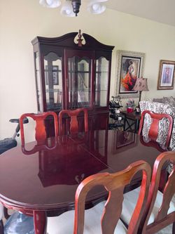 Cherry Wood Dining Table Set with China Cabinet