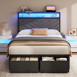 New Fluest Twin Bed Frame with Storage Drawers, Upholstered Headboard with Charging Station, LED Lights, Fabric Drawers with Wheels, Under Bed Storage