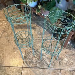 2 Tier Vtg Wrought Iron Plant Stands 9x28in  Green Boho Plant Stand Pots