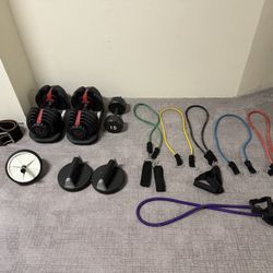Various Sports Equipment: Bowflex Dumbbells, Resistance Bands, Ab Roller, Etc