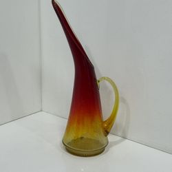 Vintage Amberina Crackle Stretch Swung Glass Pitcher Ewer Vase Kanawa