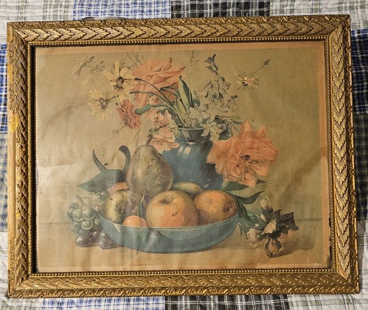 Antique Chromo Lithograph Fruit Bowl & Flowers Bowl Still Life in Original Frame