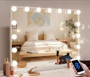 VANITII GLOBAL 22.8 in. W x 18 in. H Rectangular Framed Vanity Mirror Tabletop Bathroom Makeup Mirror with Lights Bluetooth in White