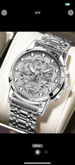 *CLOSEOUT* Mens Silver Skeleton Mechanical Style Face Link Watch