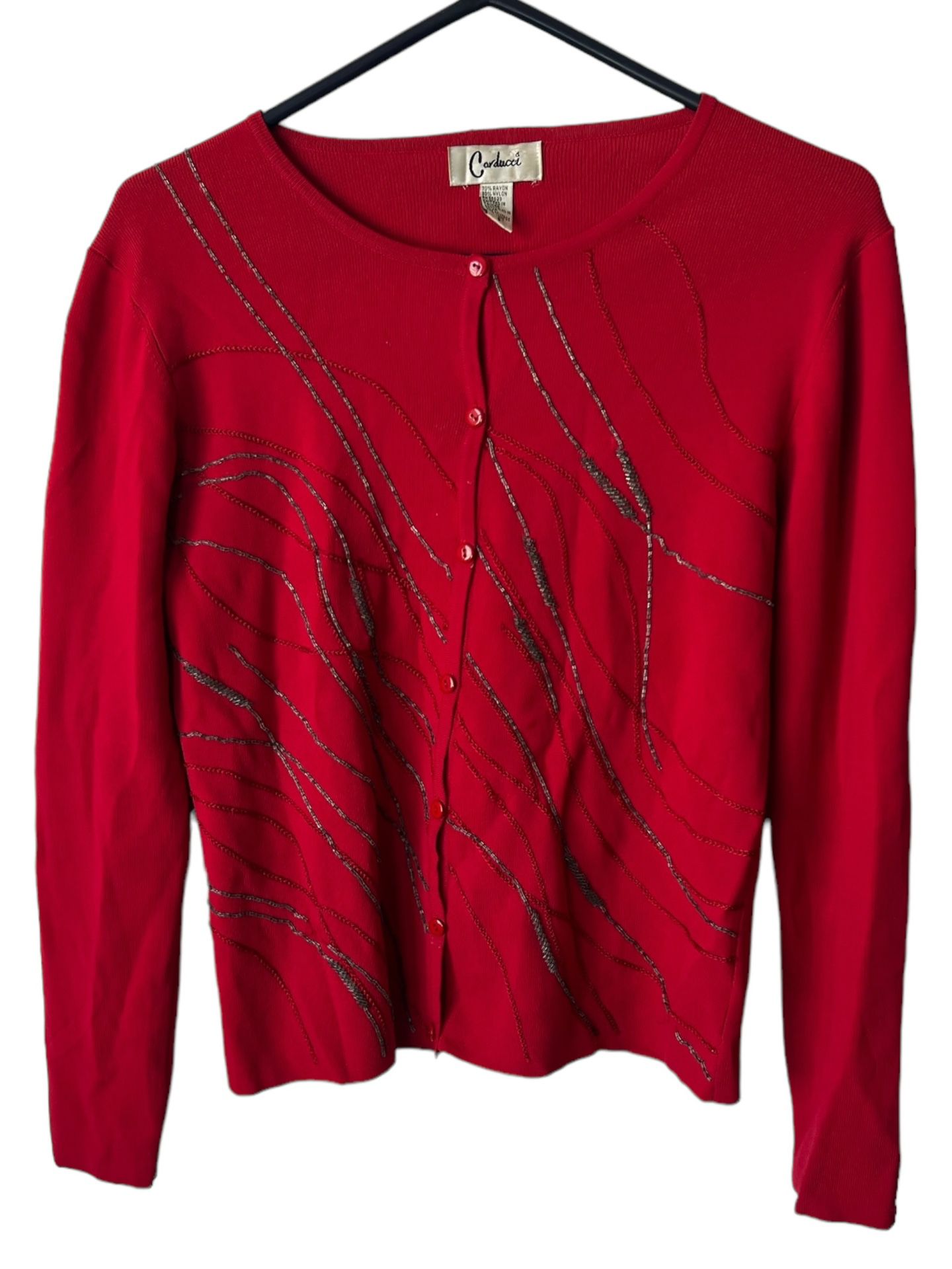 Carducci Vintage Red Beaded Long Sleeve Stretch Sweater Cardigan Women's Small  Some beading is missing very minimal can’t hardly notice.  Comes from 
