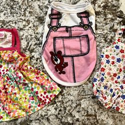   2 Cute Girl Dog Dresses + 1 Pink Overall Top - Size Small
