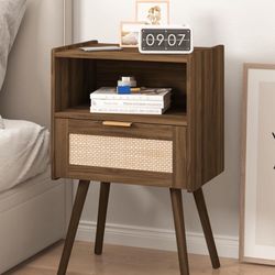 Rattan Nightstand,Modern Bedside Table with Storage Drawer and Open Wood Shelf, for Living Room, Bedroom and Small Spaces, Accent Night Stand with Sol