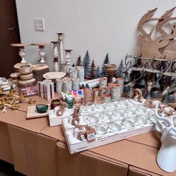 Large Lot of Rustic Woodland Decor and Candle Holders/Accessories