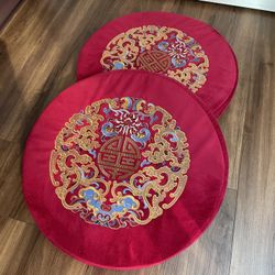 Set of 2 Traditional Embroidered Floor Cushions – Red Round Seat Pads