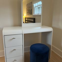White 3 Drawer Vanity With Mirror And Blue Velvet Stool
