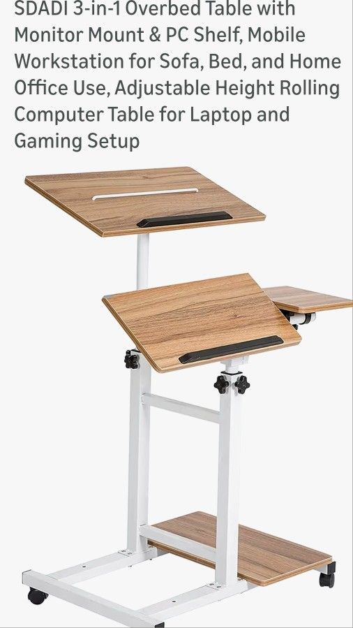 3-in-1 Overbed Table with Monitor Mount & PC Shelf, Mobile Workstation for Sofa, Bed,and Home Office Use, Adjustable Height Rolling Computer Tab