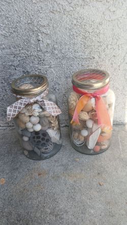 Antique Blue Ball Mason Jar with Seashells: Beach House Decor $20 for 2
