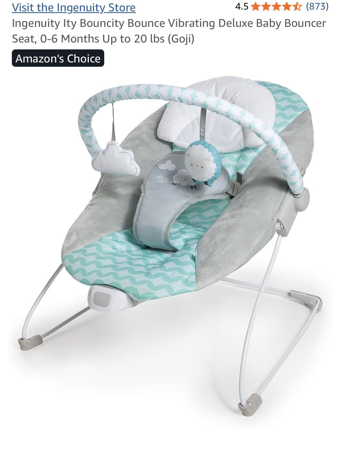 Ingenuity Ity Bouncity Bounce Vibrating Deluxe Baby Bouncer Seat, 0-6 Months Up to 20 lbs