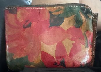 Patricia Nash Cassini Tan Leather Floral 9x7 Wristlet Clutch Faux Suede Boho