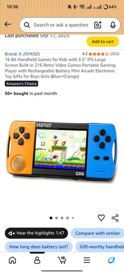 16 Bit Handheld Games for Kids with 3.5" IPS Large Screen Built-in 216 Retro Video Games Portable Gaming Player with Rechargeable Battery Mini Arcade 