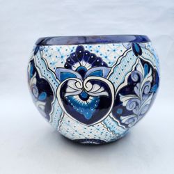 Blue Talavera-Style Ceramic Planter Pot