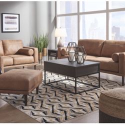 set of sofas. 2 sofas, armchair and large ottoman on wheels with storage space inside