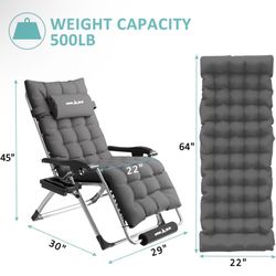 Zero Gravity Chair 22" Seat Width, XL Lounge Chairs w/Cushion, Folding Reclining Camping Chair for Outside Deck, Yard, Porch, Pool, Dark Grey