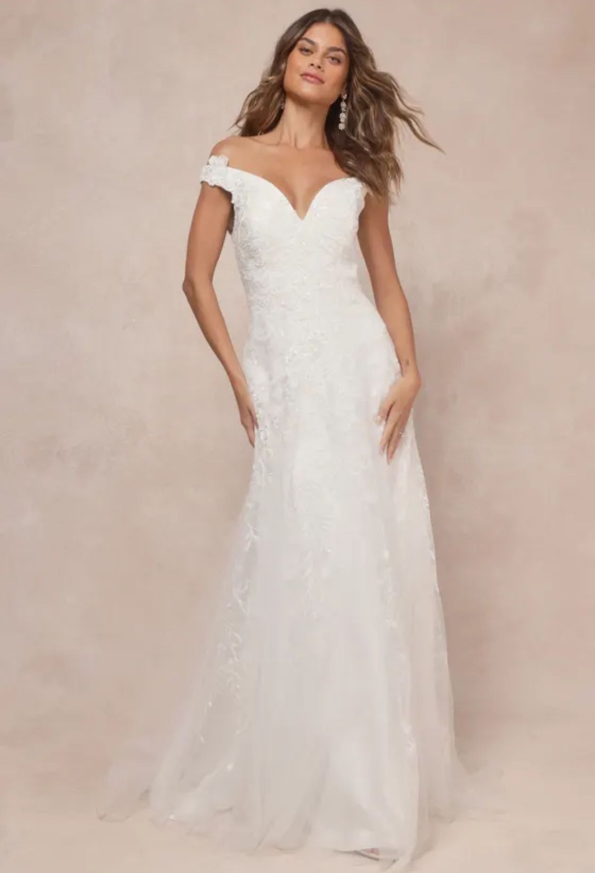 Lulus Eternally Precious Ivory Embroidered Off the Shoulder Maxi Wedding Dress M