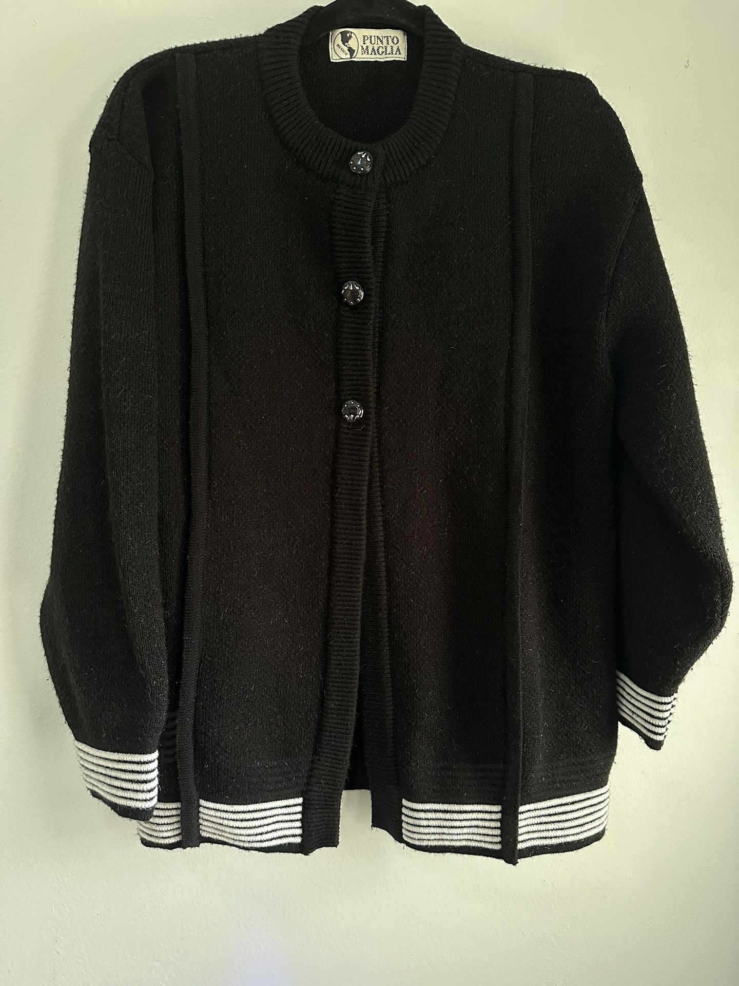 Vintage Cardigan Sweater Black White Stripes Womens Warm 3 button Front Size L