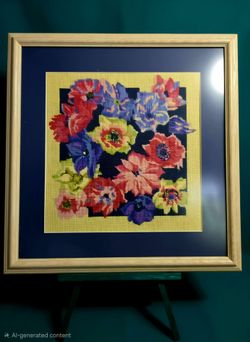 "Anemone Garden" needlepoint piece designed by Primavera Framed 24"×24"