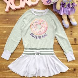 SIZE 6-6X GIRLS 'DONUT BOTHER ME' STRETCHY JERSEY KNIT LONG-SLEEVE DROP-WAIST SWEATER DRESS