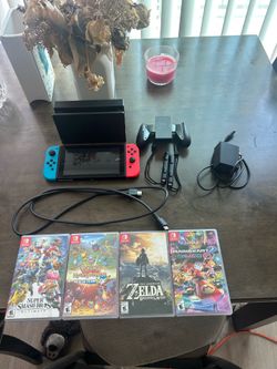 Nintendo Switch Console Bundle + 4 Top Games (Zelda, Smash, Mario Kart, Pokémon)