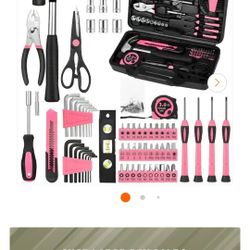 144-Piece Pink Tool Kit, Basic Home Repair Tool Set, Household Hand Tool Kit, Small Tool Kit with Plastic Toolbox