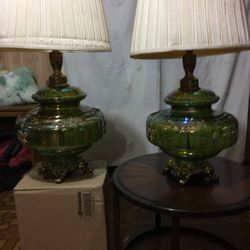  Emerald Green Glass Large 3  Way Lamps; Vintage/Rare