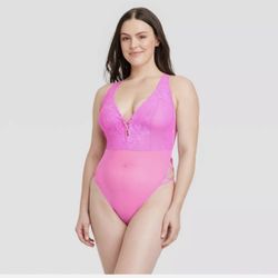 Lace-Up Halter Lingerie Sheer Bodysuit in Neon Pi nk