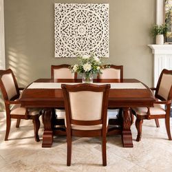Solid wood dining table set 6 chairs +Expandable leaf