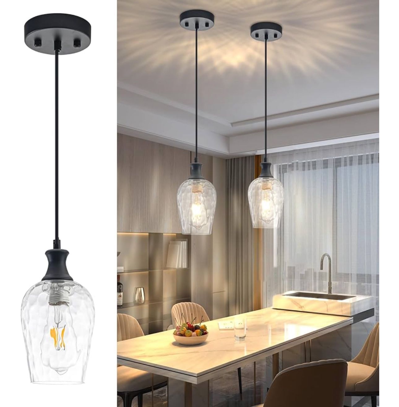 Glass Pendant Lights Kitchen Island, Farmhouse Black Pendant Light with Clear Hand-Blown Glass Shade, Modern Hammered Glass Hanging Light Fixture for