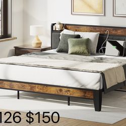 LIKIMIO King Size Bed Frame, Storage Headboard with Charging Station, Solid and Stable, Noise Free, No Box Spring Needed, Easy Assembly
