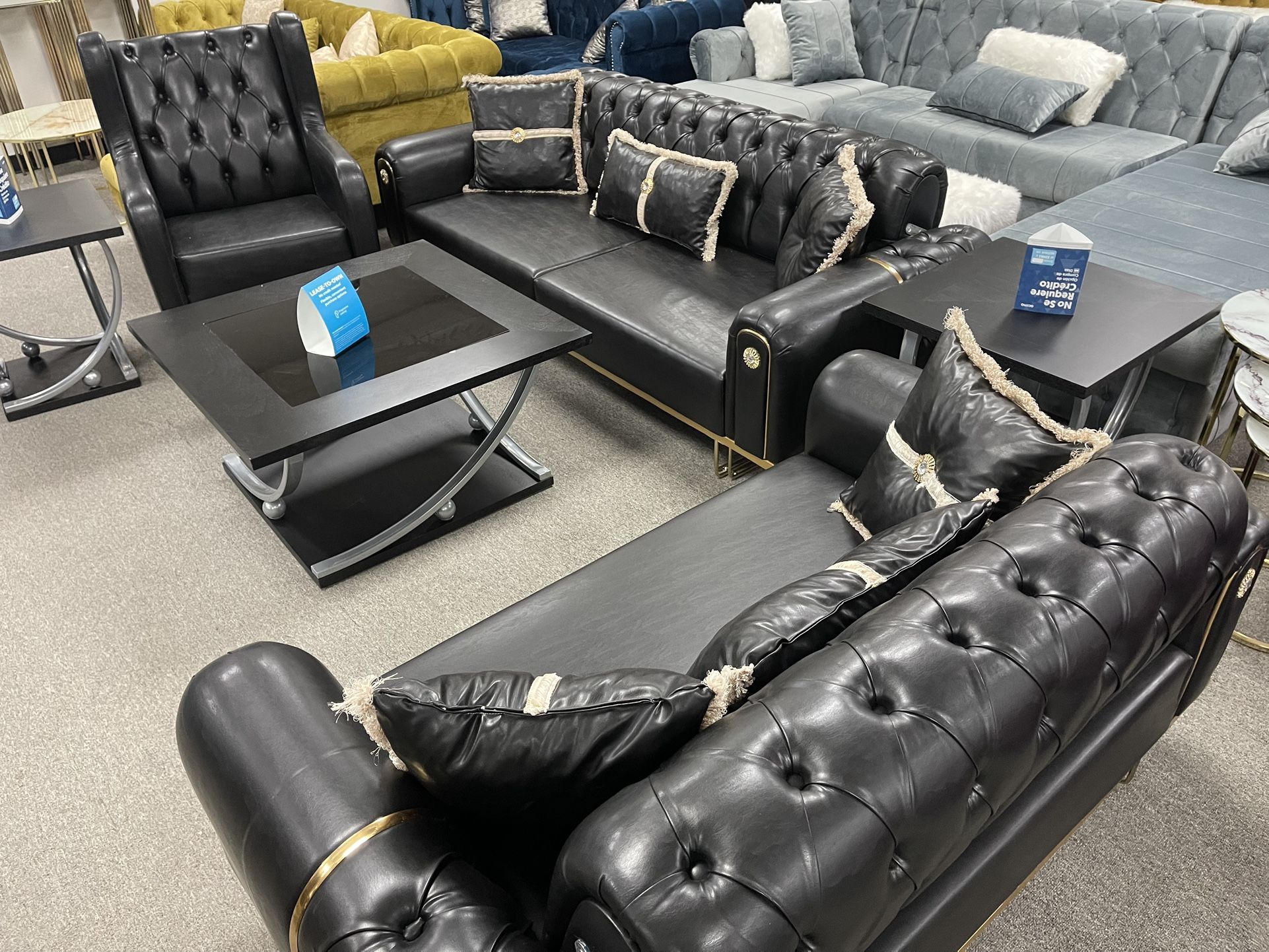New Black Leather Living Room Sofa Set 3pc - Delivery And Financing Available