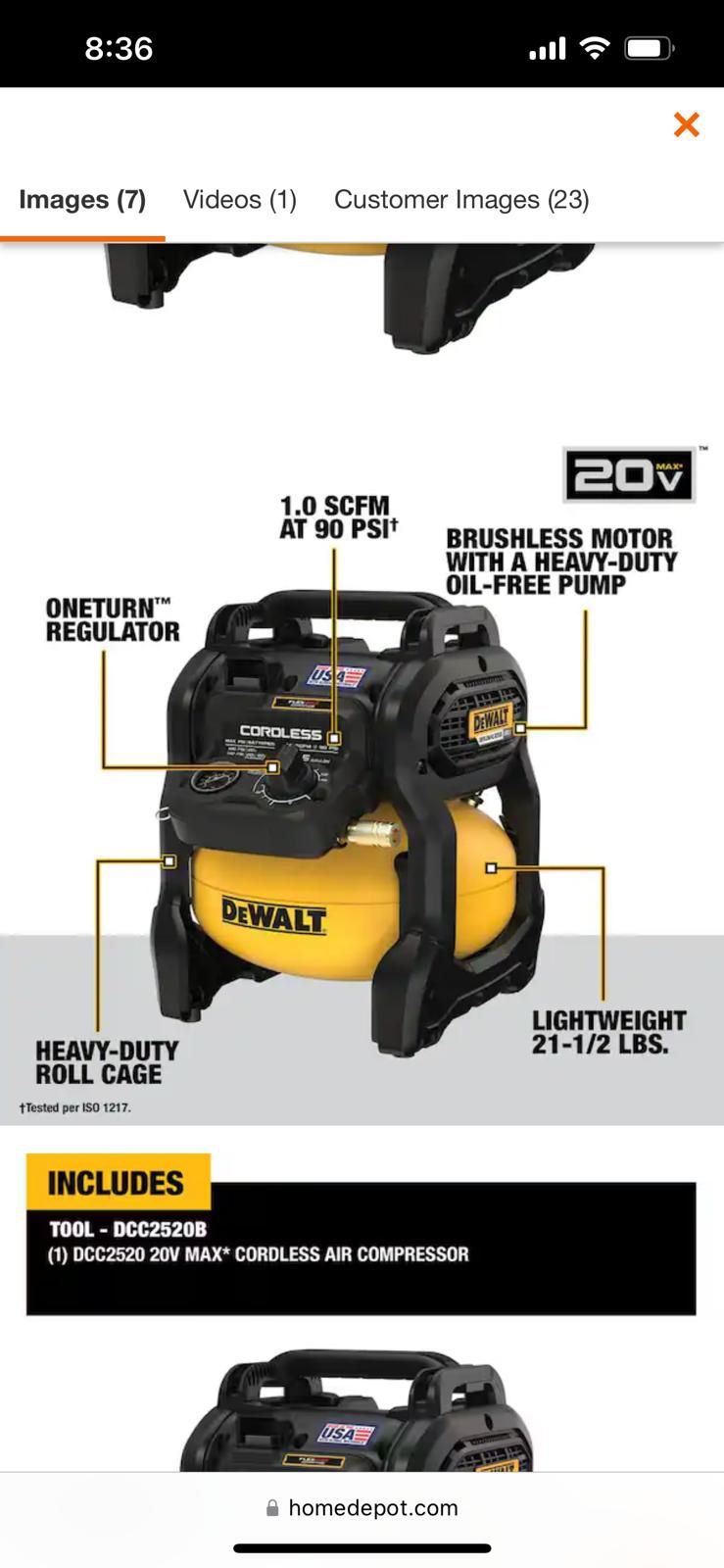 Dewalt 140 psi Portable 20V Cordless Air Compressor with