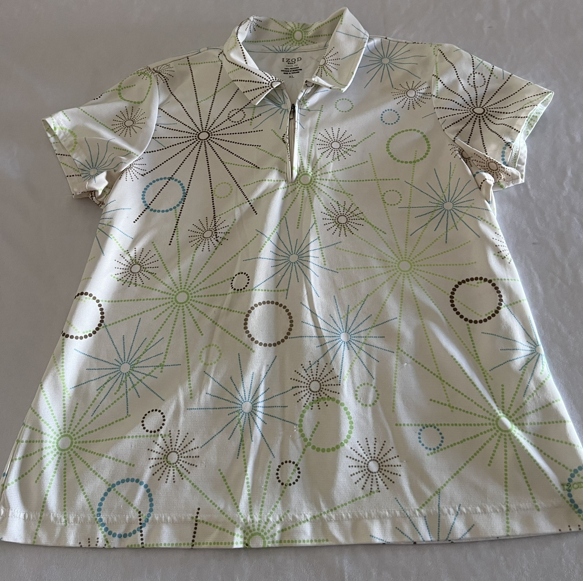XL IZOD Women's Golf Shirt Floral Collared Sleeveless athletic Quarter Zip White