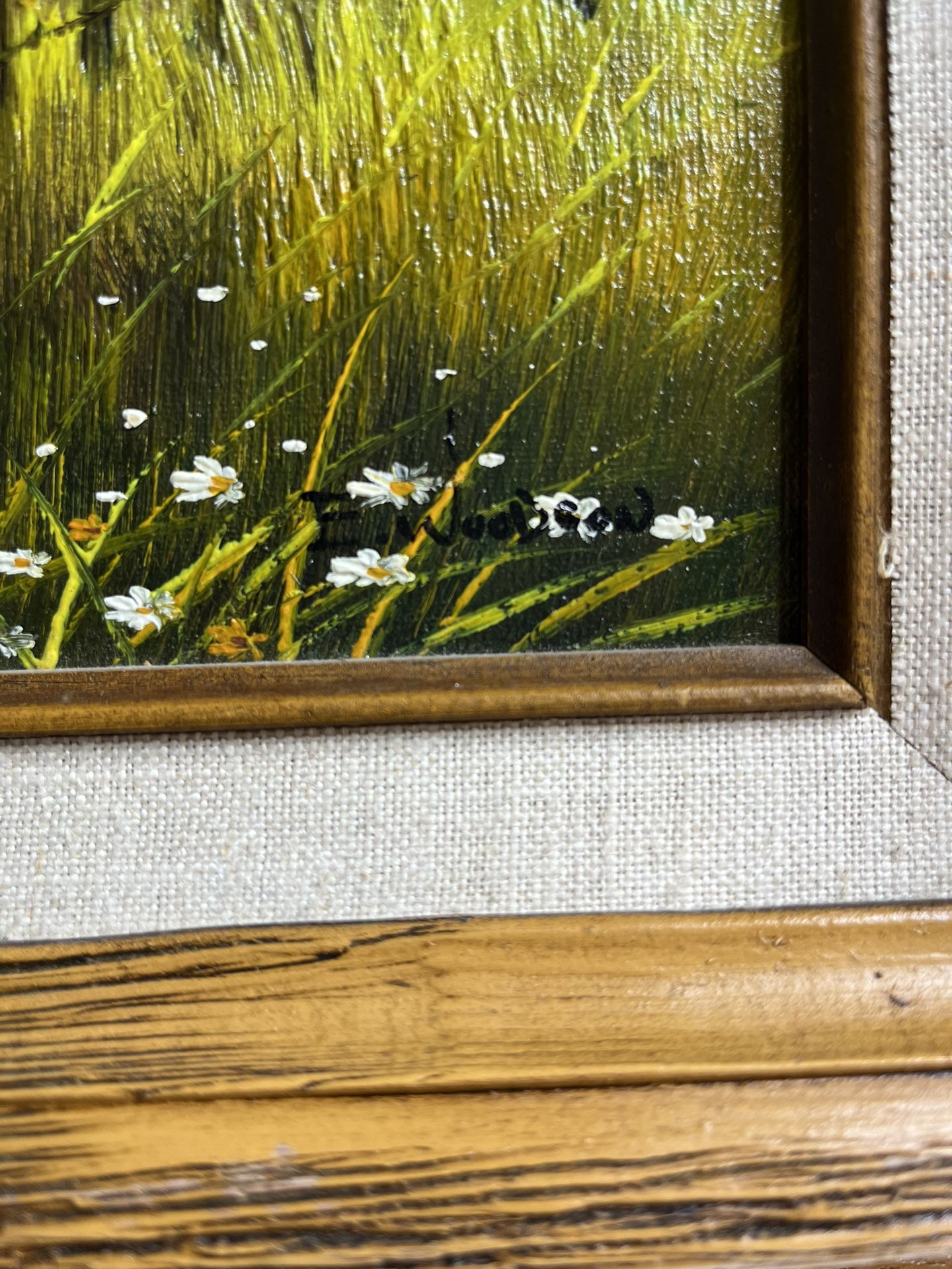 VTG Signed E. Woodson Framed Oil Painting Country Barn Fields Landscape