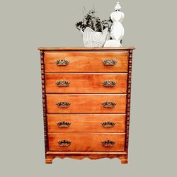 Vintage Solid Wood Maple Dresser Highboy Tall Solid Wood Spindle Carved Accents 5 Drawer